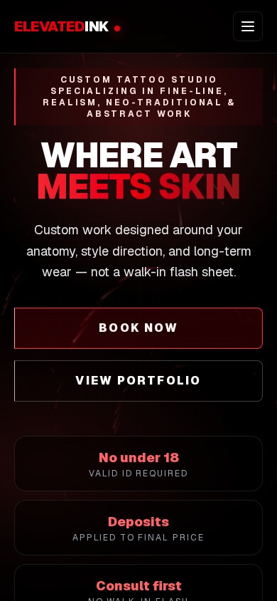 Elevated Inkness live homepage captured at a mobile viewport