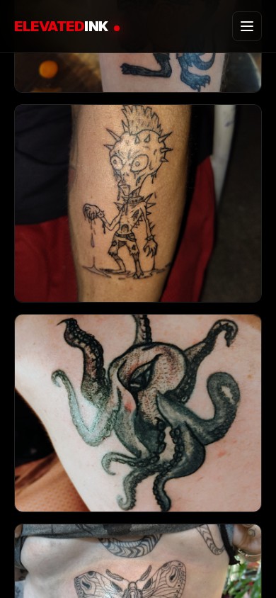 Elevated Inkness tattoo portfolio captured from the live mobile site