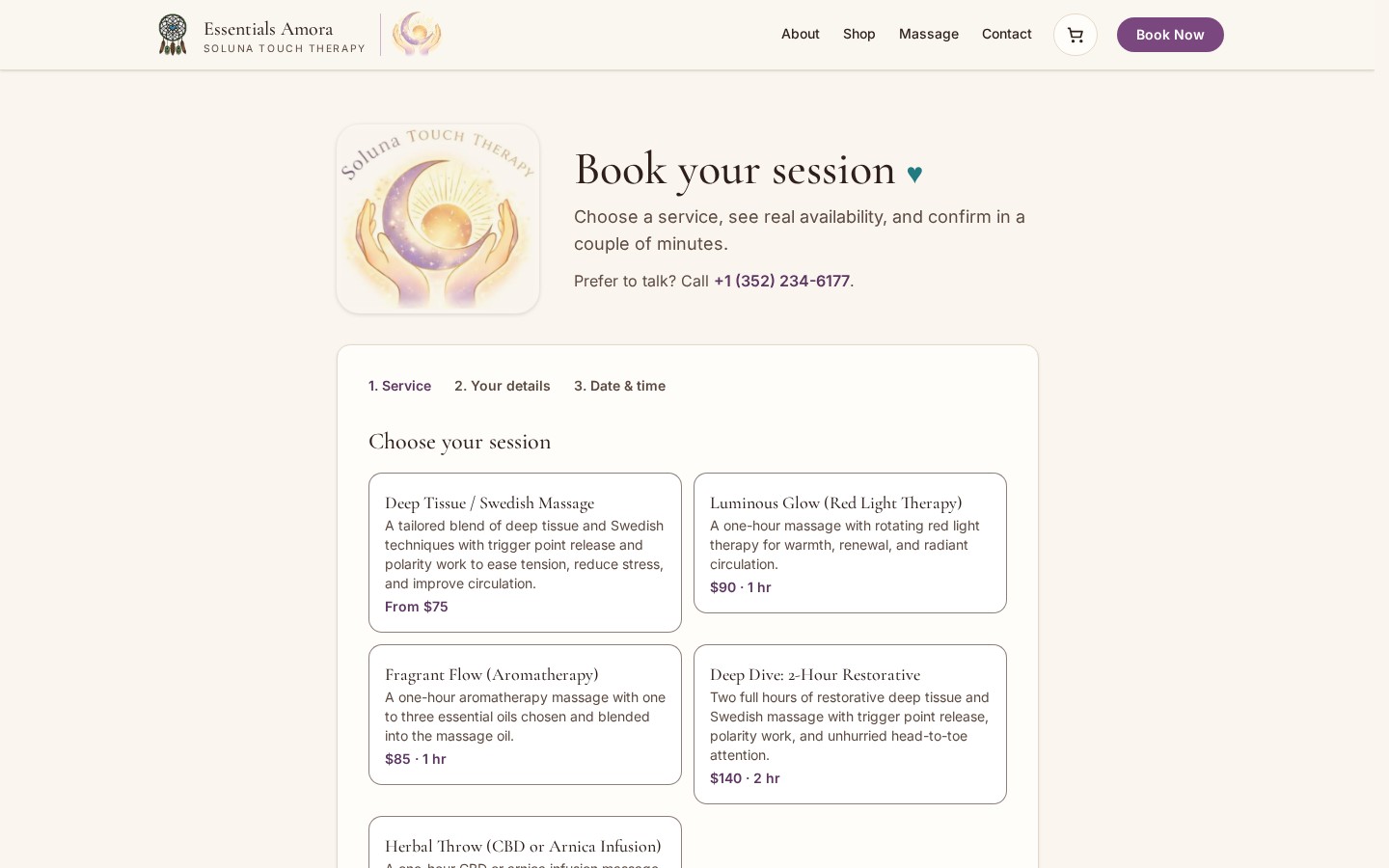 Essentials Amora live booking flow captured at a desktop viewport