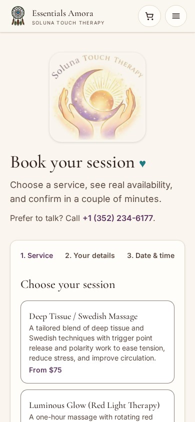 Essentials Amora live booking flow captured at a mobile viewport