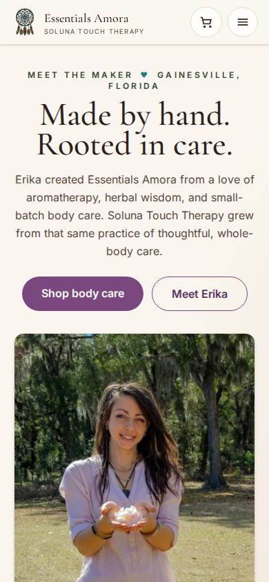Essentials Amora live homepage captured at a mobile viewport
