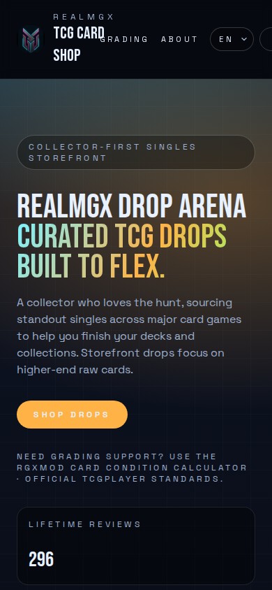 RealmGX live TCG storefront captured at a mobile viewport