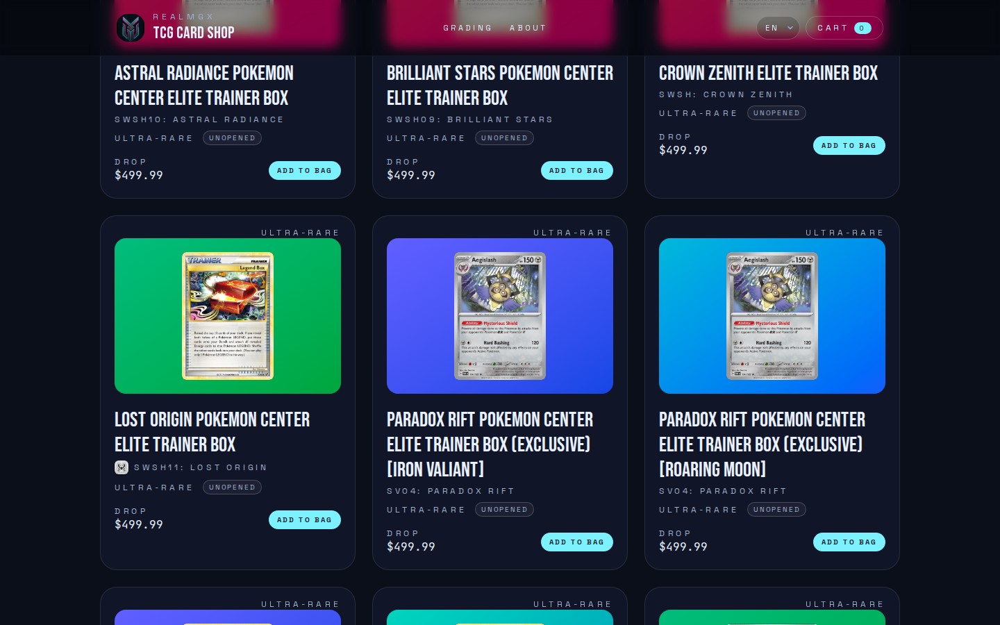 RealmGX live card inventory captured at a desktop viewport