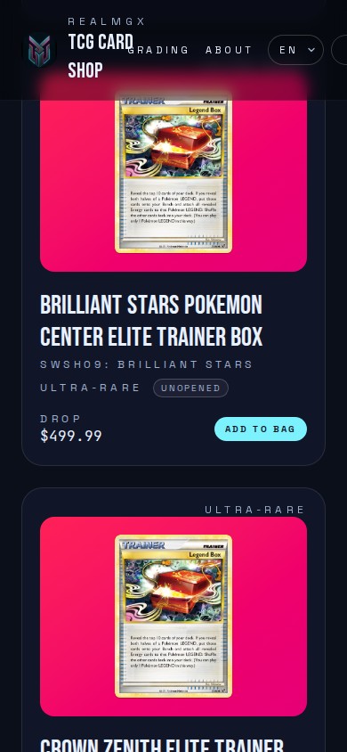 RealmGX live card inventory captured at a mobile viewport