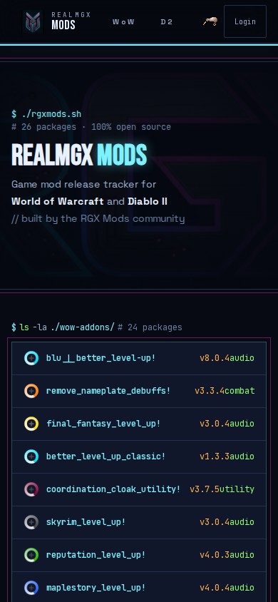 RGX Mods live catalog homepage captured at a mobile viewport