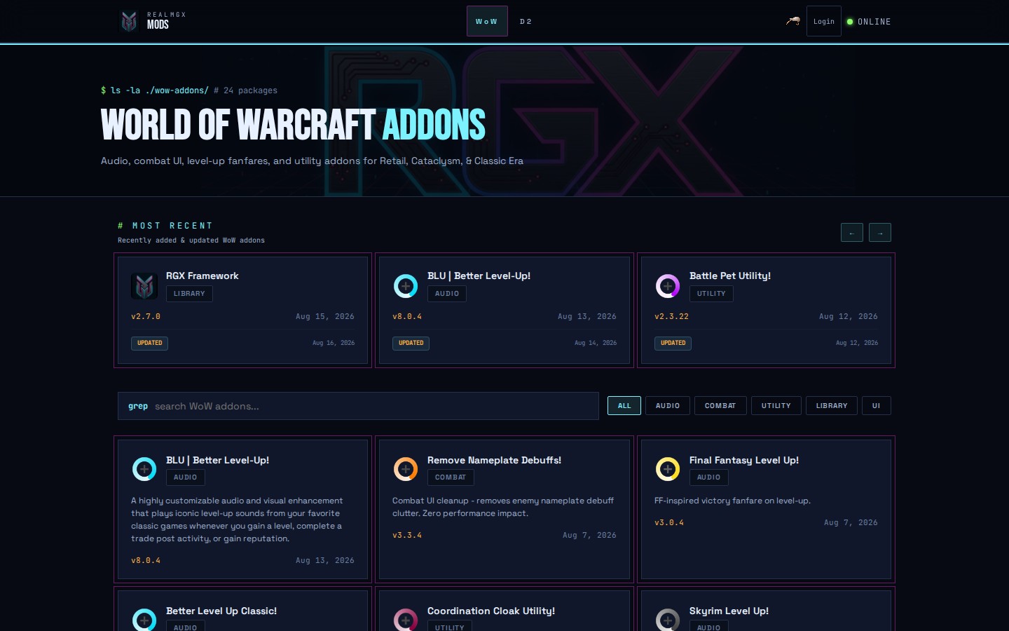 RGX Mods live World of Warcraft addon catalog captured at a desktop viewport